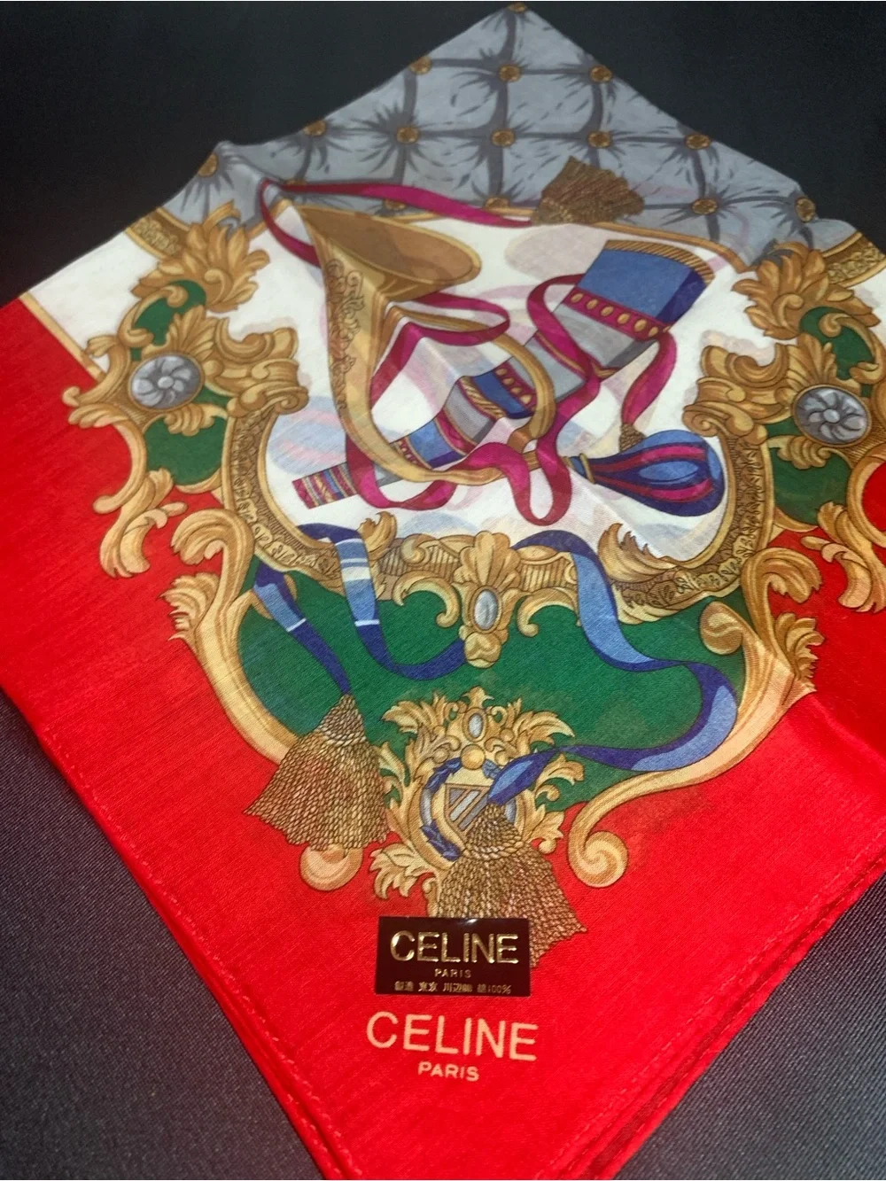 Celine Red Mini Scarf with Gold & Green Baroque Motif